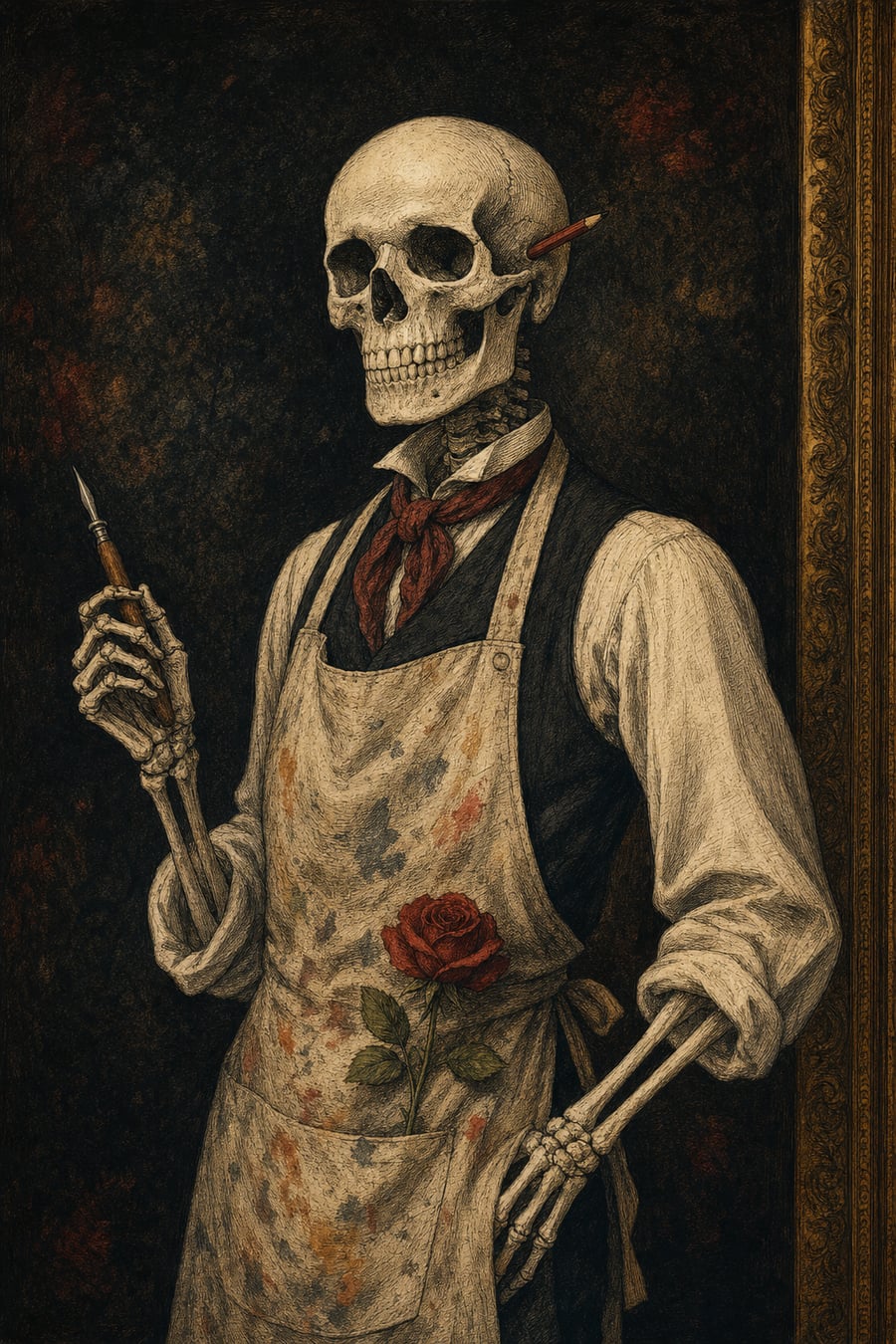 Portrait of the studio's founder, drawn as a cheerful skeleton in a paint-stained apron with a pencil behind one ear