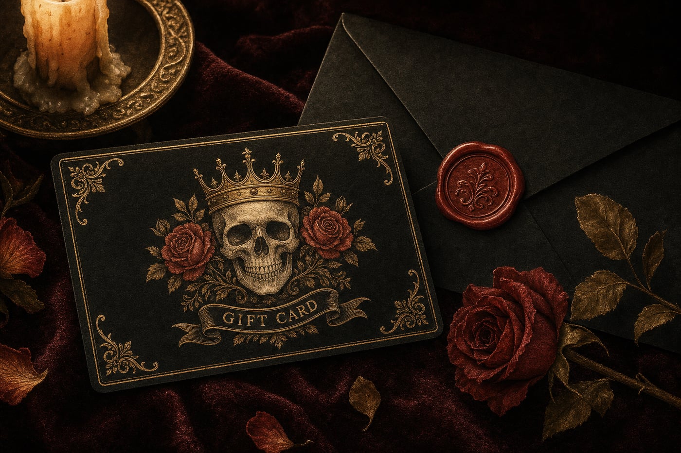 A black gift card with a gold border and an engraved skull crowned with roses, beside a black envelope with a red wax seal
