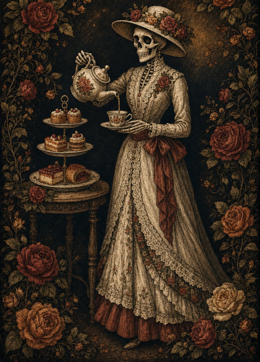 Afternoon Tea: a skeleton in a flowered hat with a teapot and cakes