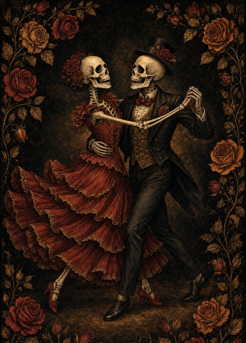 The Dancers: two skeletons dancing in evening dress