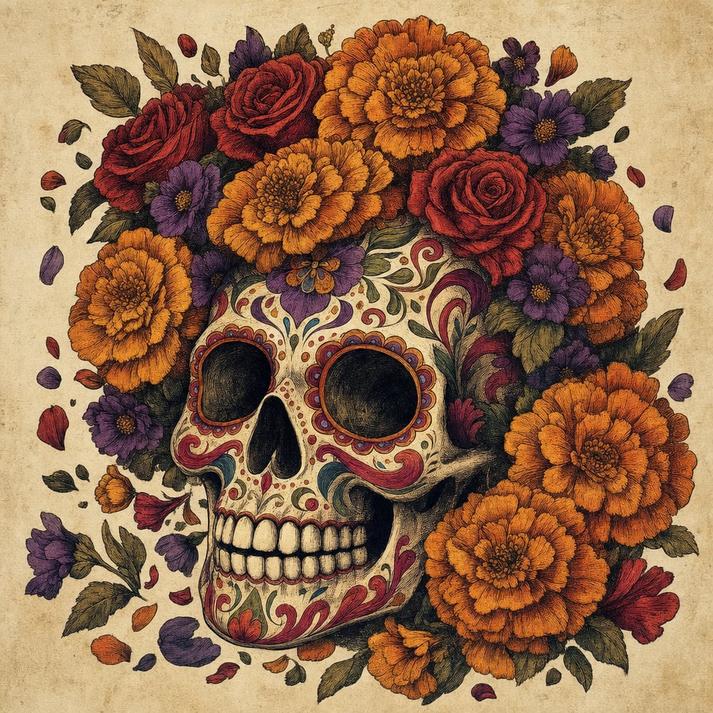 A brightly painted sugar skull crowned with marigolds
